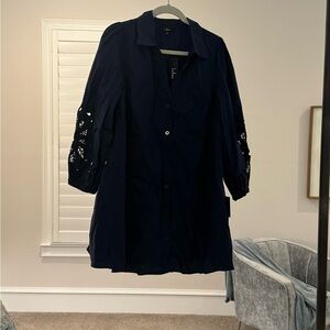 Lulu's Navy Blue Button Up Dress with Eyelet Sleeves